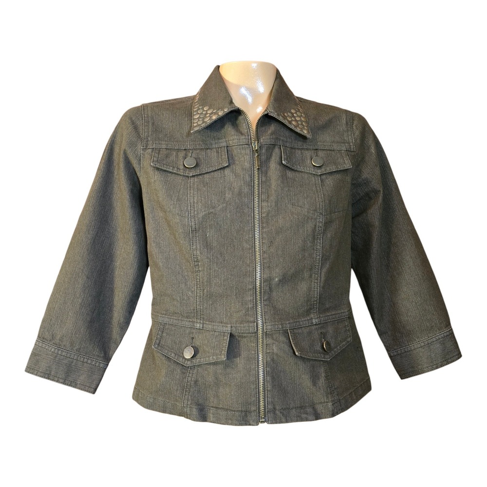 Ruby Rd Denim Jacket Studded Collar Zip 3/4‎ Sleeve Pleated Olive Green 8 Petite